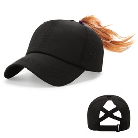 Feelorna Ponytail Baseball Cap, Women's Summer, Mesh Baseball Cap with Ponytail Hole, Adjustable, Breathable Sports Cap, Hat for Outdoor Sports, Travel, black