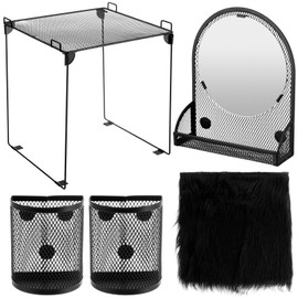 AmazingSpark 5 Pcs Locker Shelf Organizer and Accessories Back to School Essentials Includes 1 Magnetic Mirror with Bottom Tray, 2 Pen Holders, 1 Locker Metal Grid Rack, 1 Faux Fur Mat(Black)