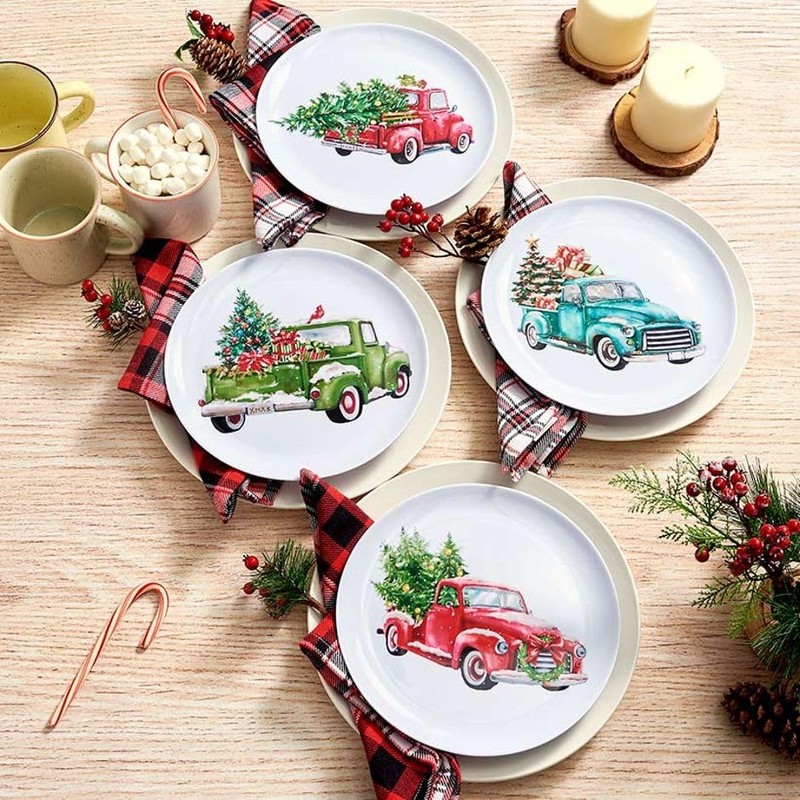 Set of 4 Festive Holiday Truck Melamine Plates