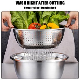 Slowtee 3 in 1 Stainless Steel Grater Shredder Slicer with Colander Drain Basin Bowl for Vegetables Fruits Salad as Washing Basket in Kitchen