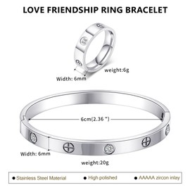 Silver Friendship Love Bracelet with Ring Jewelry Set for Women Stainless Steel Cuff Oval Bangle Simple Cubic Zirconia Stones Bangle Cuff Best Gifts for Mother's Day Valentine's Day Wedding Birthdays