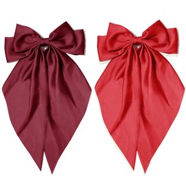 Hair Bows Silky Satin Bows Oversized Long Tail Hair Bow Clips Barrettes Big Bowknot Hair Accessories Trendy Stuff for Women Girl (Dark Red & Red)