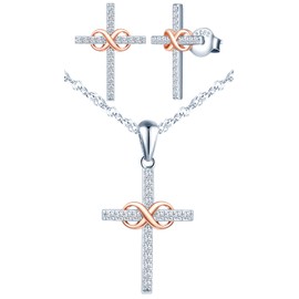 INFINIONLY Cross Necklace and Earrings for Women Girls, 925 Silver Jewellery Sets, Silver Cross Matches Mini Rose Gold Infinity Symbol, Inlaid Zircon, Colour Electroplating Process, Cubic Zirconia