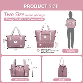 FIORETTO Womens Expandable Gym Tote Bag Duffle Bag with Wet Pocket, Travel Bag Weekend Overnight Bags with Double Shoulder Strap, Water-resistant Carry On Bag Hospital Holdalls for Women Pink