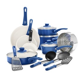 GreenLife Soft Grip Healthy Ceramic Nonstick, 16 Piece Cookware Pots and Pans Set, PFAS-Free, Dishwasher Safe, Blue