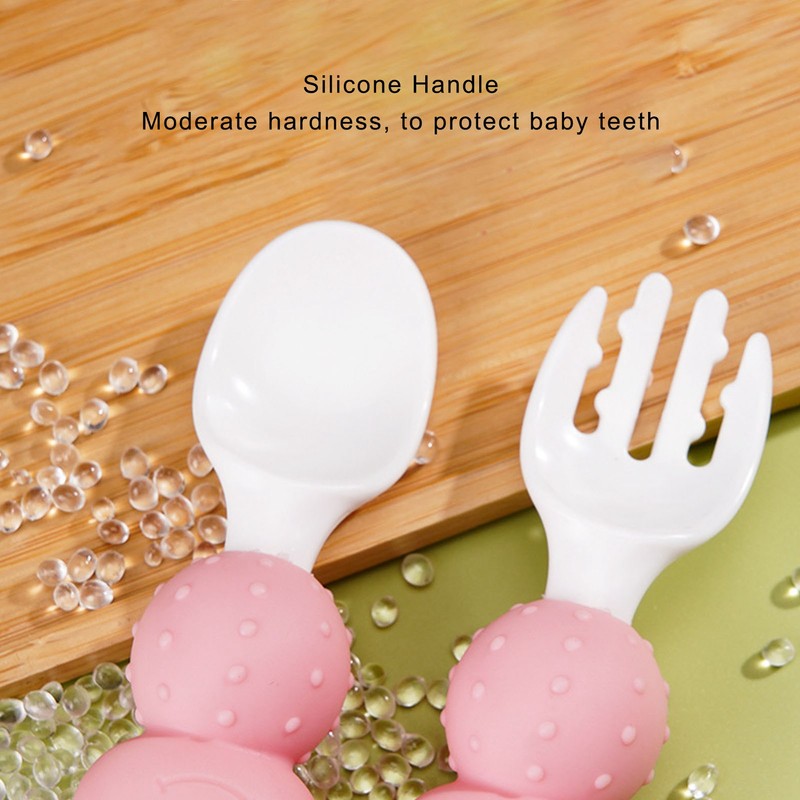 Baby Spoons Forks Set Short Handle Silicone Self Feeding Utensils