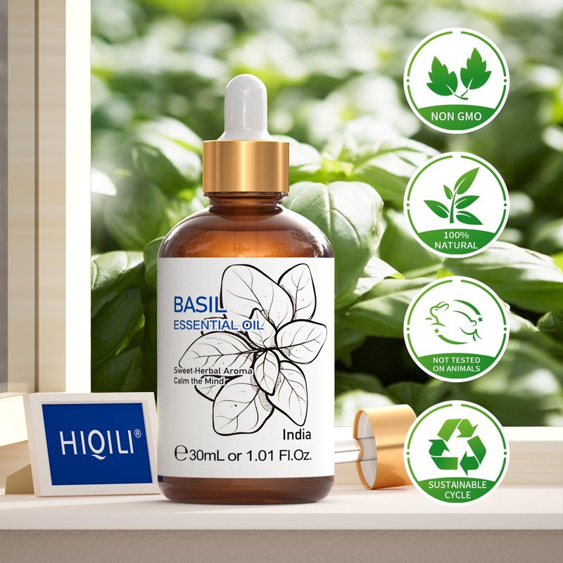 HIQILI 1 Fl Oz Basil Essential Oil, 100% Pure Undiluted