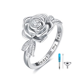 925 Sterling Silver Rose Flower Urn Ring for Ashes Always in My Heart Cremation Jewelry Keepsake Memorial Ring for Women, Size 7
