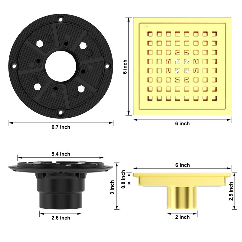Iriber 6 Inch Square Shower Floor Drain with PVC Shower