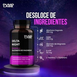 DUMO Delta Night  Capsulas para Dormir y Relajacin  Suplemento Natural para el Sueo con GABA, Albahaca Sagrada, 5-HTP y Magnesio  Apoyo al Descanso...