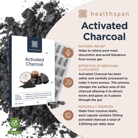 Healthspan Activated Charcoal (90 Capsules) | Contributes to Reduced Flatulence After Eating | 334mg Activated Charcoal per Capsule | Natural Source from Coconut Shells | Vegan
