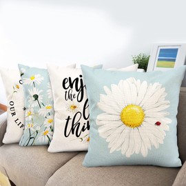 Hexagram Decorative Pillow Covers 18 x 18 Daisy Decor Outdoor Summer Couch Throw Pillow Cover Case Set of 4 Yellow Blue Floral Flower Farmhouse Sunflower Decor for Sofa Living Room Patio Home Decor