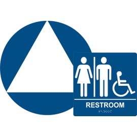 ADA Compliant All Gender Unisex Restroom Sign Set of Two, Door and Braille Wall Sign, Blue/White