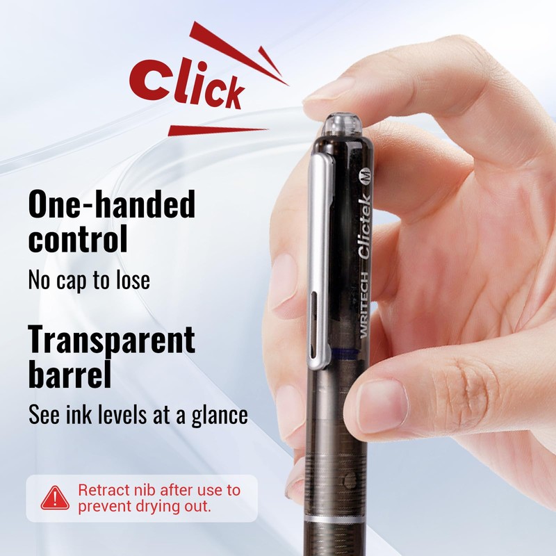 WRITECH Clictek Fountain Pen Retractable: Medium Nib Blue Ink Transparent