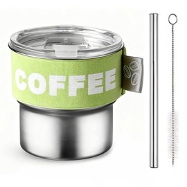ERCRYSTO Stainless Steel Coffee Tumbler with Leak-Proof Lid - 13.5oz Portable Cup with Reusable Straw, Nylon Grip Band & Brush, Multi-Use Lid for Sipping or Straw (Green)