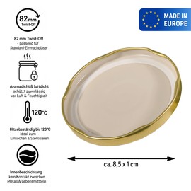 Oputec 10 x Screw Lids TO 82 Gold - Replacement Lids for Preserving Jars, Twist Off Lid, Airtight & Food Safe, Preserving Lids for Jam, Preserving & Supply, Made in EU