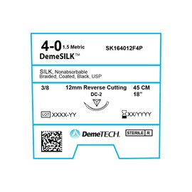 DEMETECH DemeSILK Synthetic Non-Absorbable Silk Suture, DC-2, 12mm, 3/8 Circle, Reverse Cutting Needle, USP Size 4-0, 18 inches, (45cm), Black