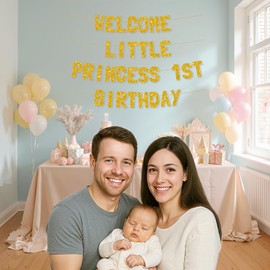 Meowoo Glamorous 1st Birthday Banner, Welcome Little Princess Decor, 7.7 Inch Glitter Gold Letters, Easy Assembly & Durable Design for Baby Party Supplies, Celebration Decoration