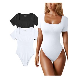 OQQ Women's 2 Piece Bodysuits Sexy Ribbed One Piece Square Neck Short Sleeve Bodysuits Black White