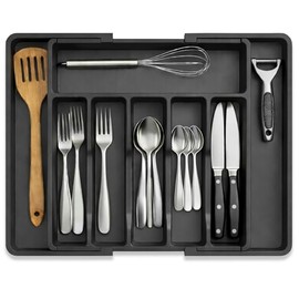 Extendable Cutlery Tray for Drawer 33-57 cm - Adjustable Cutlery Tray & Drawer Organiser Kitchen Cutlery Organiser Plastic 8 Compartments Black
