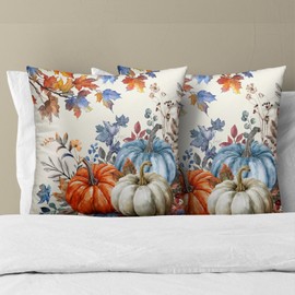 Imiss Fall Blue Orange Pumpkins Throw Pillow Covers 18 x 18 Inch Set of 2 Thanksgiving Maple Leaves Decorative Double Sided Cushion Cases Seasonal Outdoor Home Decor for Sofa Bedroom Porch