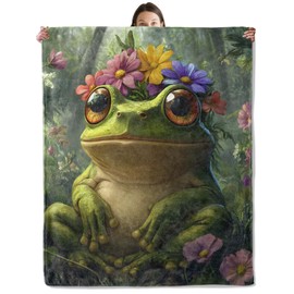 wyxdwh Cute Frog Blanket, Cozy Flannel Green Frogs in Colorful Floral Headpiece Throw Blanket for Couch Outdoor, Plush Soft Lightweight Travel Blankets for Bed Decor and Gifts, for Women Kids 50"x60"