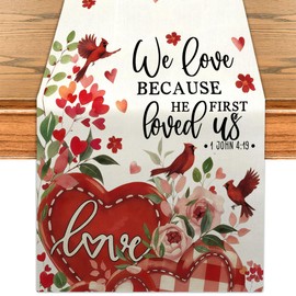 Happy Valentines Day Table Runner Galentines Day Kitchen Dining Table Centerpiece Wedding Anniversary Red Heart Decor Happy Valentine's Day Decorations for Home-72 Inches Long