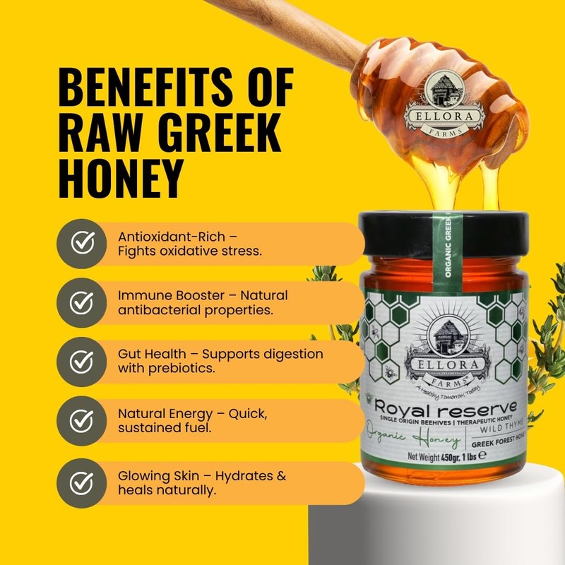 Ellora Farms Organic Greek Honey, Wild Thyme, Raw Unfiltered, Preservative