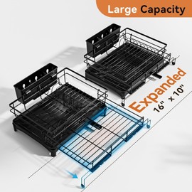 Expandable Dish Drying Rack - Large Drainboard with 4 Slots, Knife & Fork Holders, Cup Organizer, Rotating Swivel Spout, Durable Coated Steel, Black (Large)
