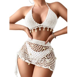 EHSUYAB - Conjunto de falda sexy de dos piezas para mujer, con concha sin espalda, estilo bohemio, crochet, traje de baño para verano, playa, día festivo, Negro, M