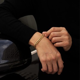 AYOUYA KRKC&CO Men's Bracelet, 18K Gold Plated/Silver Colour Stainless Steel Cuban Bracelet 8/10/12 mm, Nickel-Free Hip Hop Link Bracelet, Curb Chain Bracelet for Men 17-23 cm, 19 centimetres