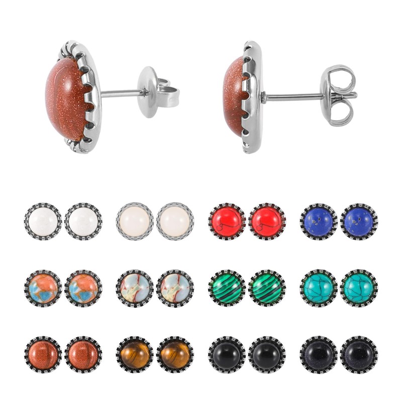 JUSTJANDM 12 Pairs Multi Gemstone Stud Earrings Gold Plated Stainless