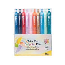 Flexoffice 10 Pcs Pastel Colors (Blue, Light Blue, Red, Orange, Brown, Purple, Pink, Green, Light Green, Black), 0.7mm, Super Smooth, Quick Dry, Smudge Free Rubber Grip for School and Office