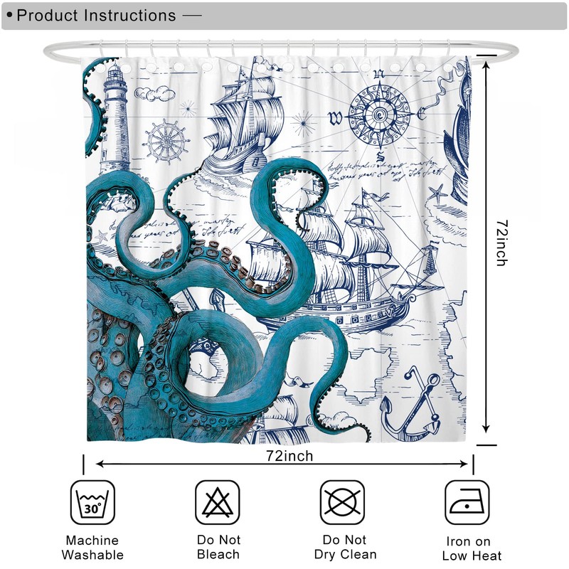 DESIHOM Blue Nautical Octopus Shower Curtain Set, Funny Ocean Kraken