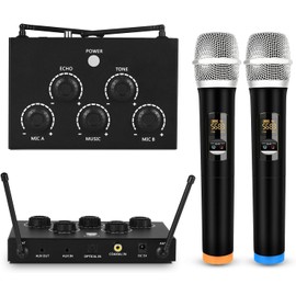 voijump Portable Karaoke Microphone Mixer System Set with Dual UHF Wireless Mic, 3.5mm AUX/Optical/Coaxial in Singing Receiver for KTV, Amplifier, Speaker, PA System, Karaoke Machine, DJ