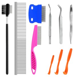 10 Pcs Pet Grooming Combs Kit for Shedding Tangles, Flea Comb Tool for Dogs Cats, Stainless Steel Tear Stain Remover Combs Set for Long and Short Haired Pet