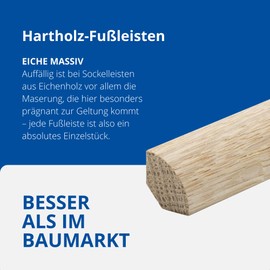 Reese Solid Wood Quarter Bars Cover Strips, Skirting Boards, Raw Oak, 14 x 14 mm