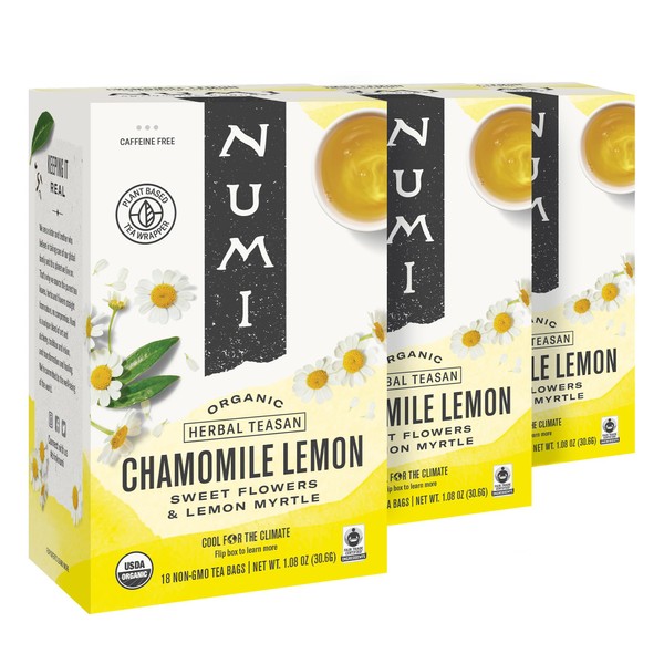 Numi Organic Chamomile Lemon Tea, 18 Tea Bags (Pack of 3) Herbal Tea, Egyptian Chamomile & Lemon Myrtle (Packaging May Vary)