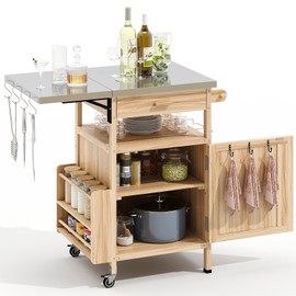 Zevemomo Outdoor Grill Cart with Drop Leaf, Stainless Steel Tabletop Outdoor Kitchen Island, Solid Wood Outdoor Buffet Cabinet with Drawer, Towel Rack, Lockable Wheels for Grilling, Light Wood Color