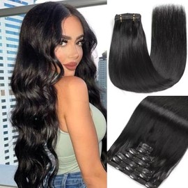 Women's Clip-In Real Hair Extensions, Natural Black, 7 Pieces, 60 cm, 120 g, Seamless Real Hair Clip-In Volume