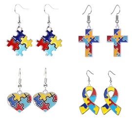 4 Pairs Autism Awareness Earrings for Women Cross Heart Ribbon Shaped Puzzle Piece Earrings Autism Earrings Inspiring Symbols of Autism Support Autism Awareness Jewelry Gift