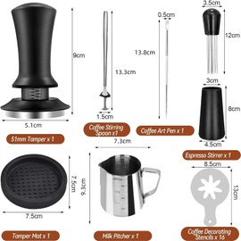 Set Tamper 51mm para cafe, Con distribuidor de cafe, kit de espresso accesorios para el hogar la oficina la cocina el café (Black-1)