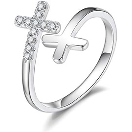 BQfife 925 Sterling Silver Christian Faith Cross Ring for Women, Dainty Inspirational Jewelry Easter Teen Gifts