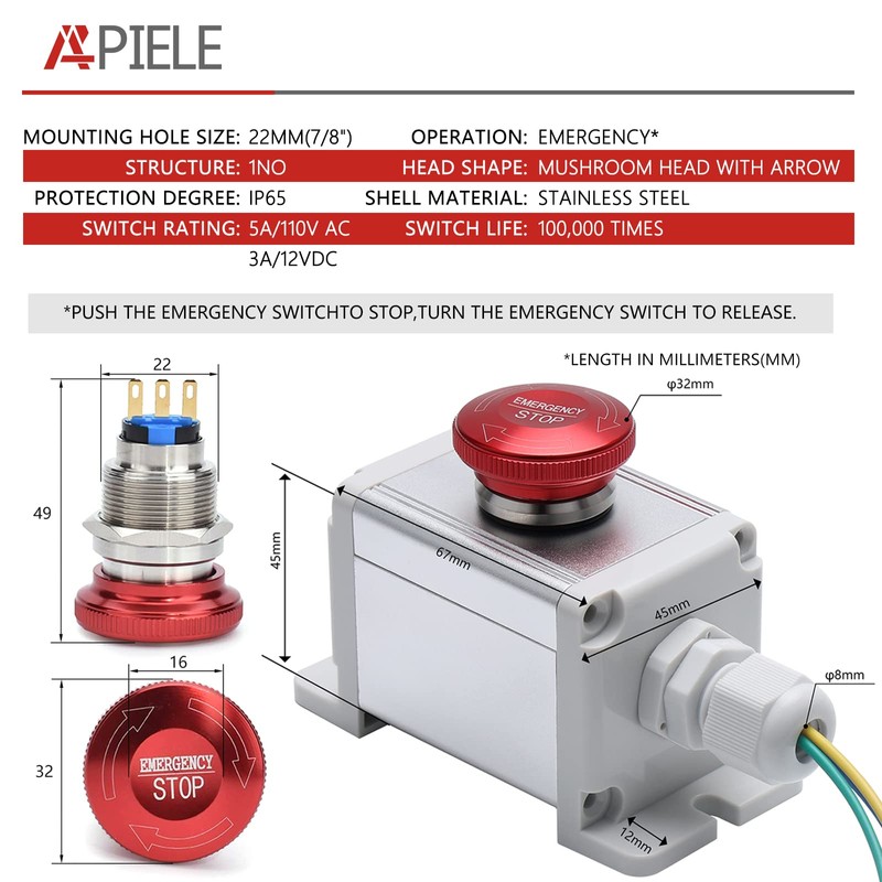 APIELE 22mm Metal Emergency Stop Push Button Switch Latching 12V-250V