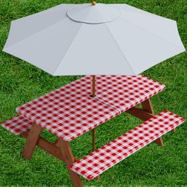 Sorfey Vinyl Umbrella Picnic Table and Bench Fitted Tablecloth Cover, Checkered Design, Flannel Backed Lining, 30x96 Inch, 3-Piece Set, Red