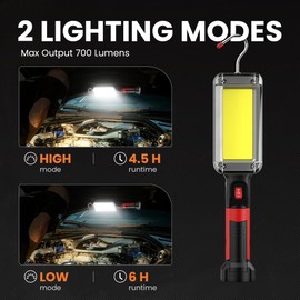 Rechargeable COB LED Work Light - Magnetic Hands-Free Trouble Light with 360° Rotating Hook, IPX4 Waterproof Drop Light for Garage Repair, Emergency | Tool Gifts for Men