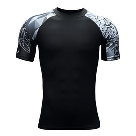 HUGE SPORTS Mens Rash Vest- Wildling Series Rash Guard Short Sleeve Quick Drying Wetsuit Swimming Tops for Surfing BJJ Jiu Jitsu(Jaguar,3XL)