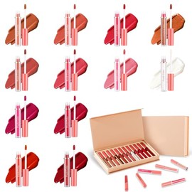 12 Colores Labiales, Mate Larga Duracion Pintalabios Permanente Barra, No pegajoso Lipstick Labios de Hidratante, Labial Set de Maquillaje, Lápiz Labial Líquido de Alta Pigmentación(Rosa)