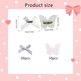30pcs Butterfly Bow Charms for Socks Charms Mini Ribbon Bow Junk Socks Charms kit Cute Girly Y2K Decorative Pins for Socks Shirts Hats Shoes Gloves Brooch Safety Pins Accessories Bulk (White)