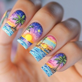 Medium Press on Nails Square French Tip Fake Nails Coconut Tree Sunset Design Gradient Glue on Nails Colorful False Nails Glossy Acrylic Nails Square Medium Nails Press ons for Girls 24Pcs